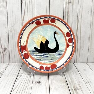 Anthropologie Susan Hall Swan Plate Cherry Rim Whimsical Folk Art 8.5”